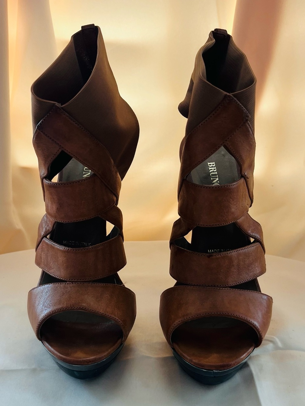 Bruno Magli Brown Multi-Strap Suede Peep-Toe Heels